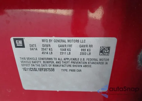 2014 Chevrolet Malibu 1Lt z USA, uszkodzony, nr VIN 1G11C5SL1EF287538